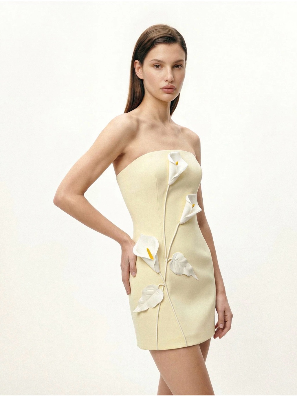 Jw Pei Yellow Strapless Floral Appliqu Dress